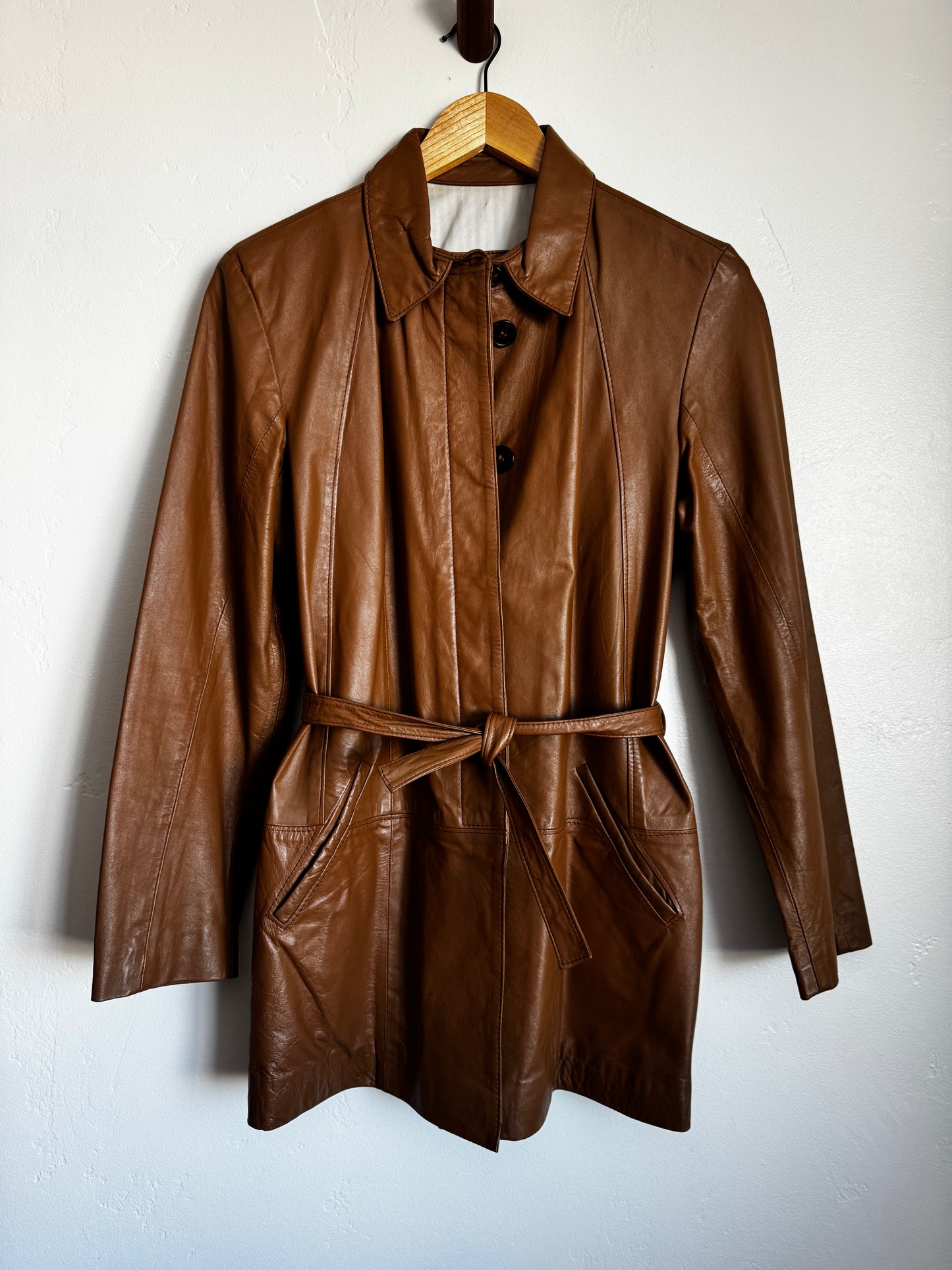 Camel Short Trench Leather Jacket