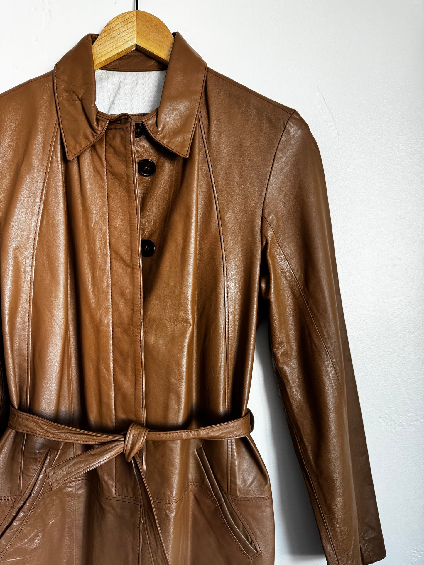 Camel Short Trench Leather Jacket