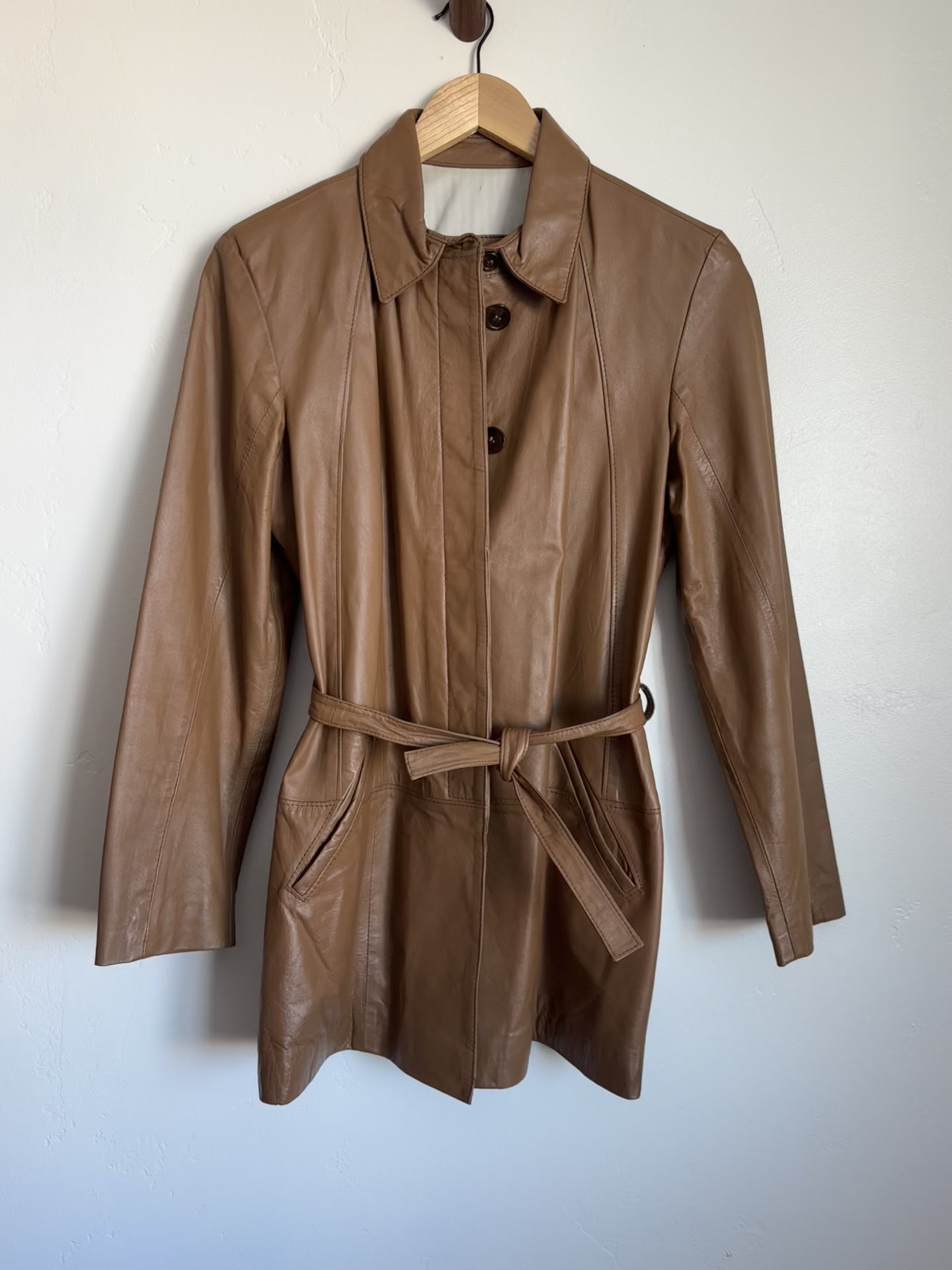Camel Short Trench Leather Jacket – WILD ASTER